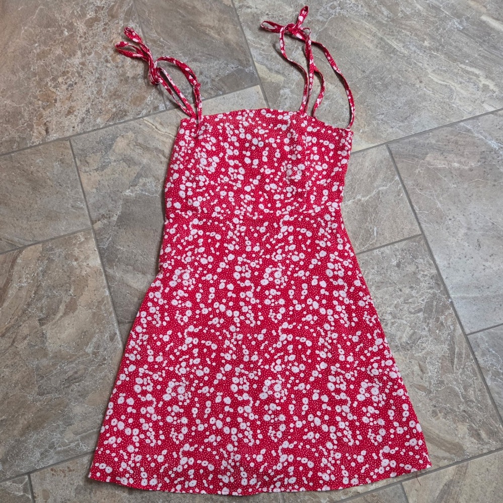 SHEIN Red White Ditsy Floral Print Smocked Square Neck Mini Dress Size S
